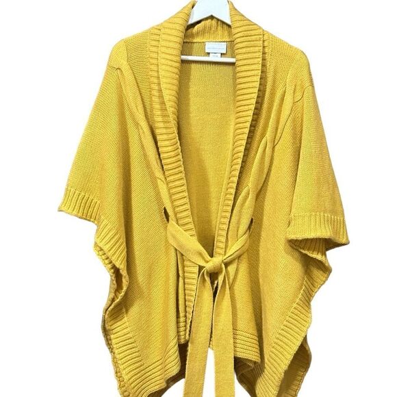 New York & Company Solid Yellow Oversized Open Front Poncho With Front Tie - Picture 2 of 7